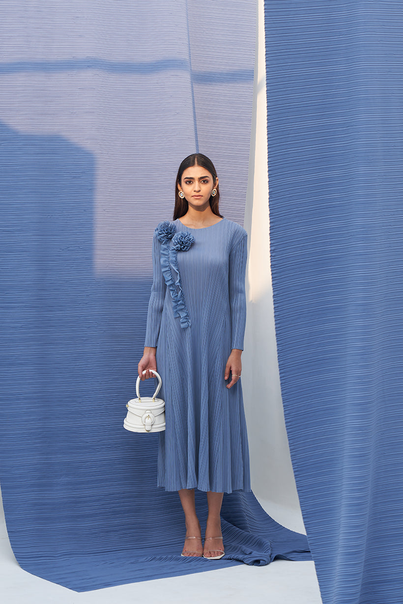 GREY FLOWER EMBELLISHED PLEATED MIDI DRESS