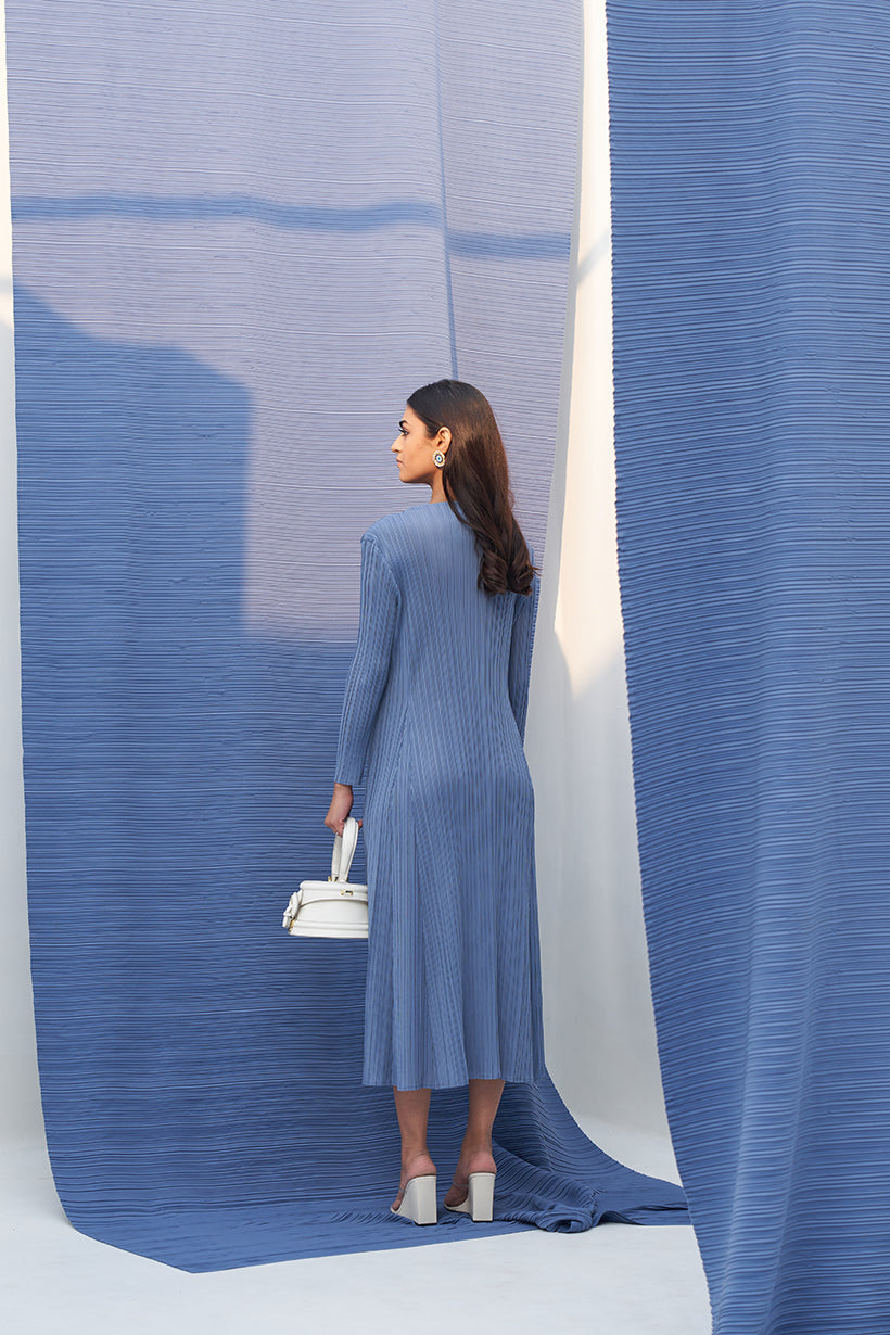 GREY FLOWER EMBELLISHED PLEATED MIDI DRESS