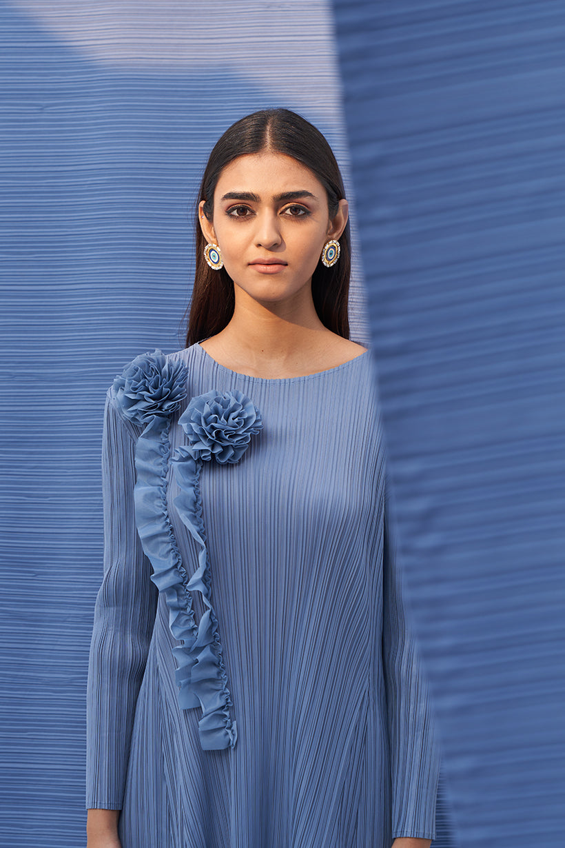 GREY FLOWER EMBELLISHED PLEATED MIDI DRESS