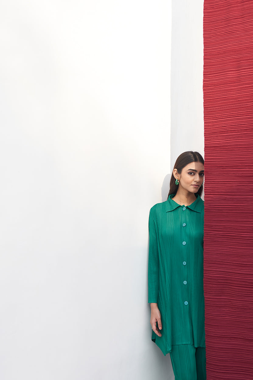 DARK GREEN FRENCH PLEATED COORD SET