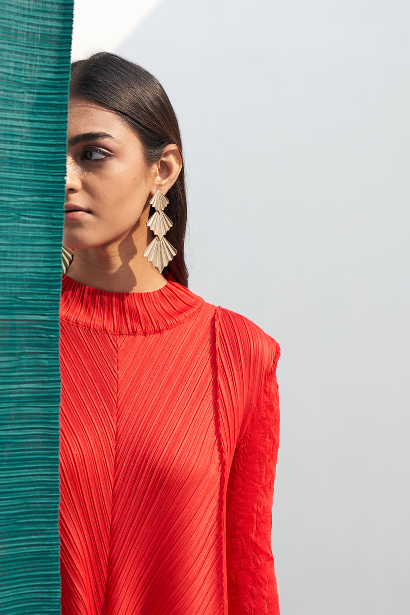 RED CRUSHED SLEEVES KURTI SET