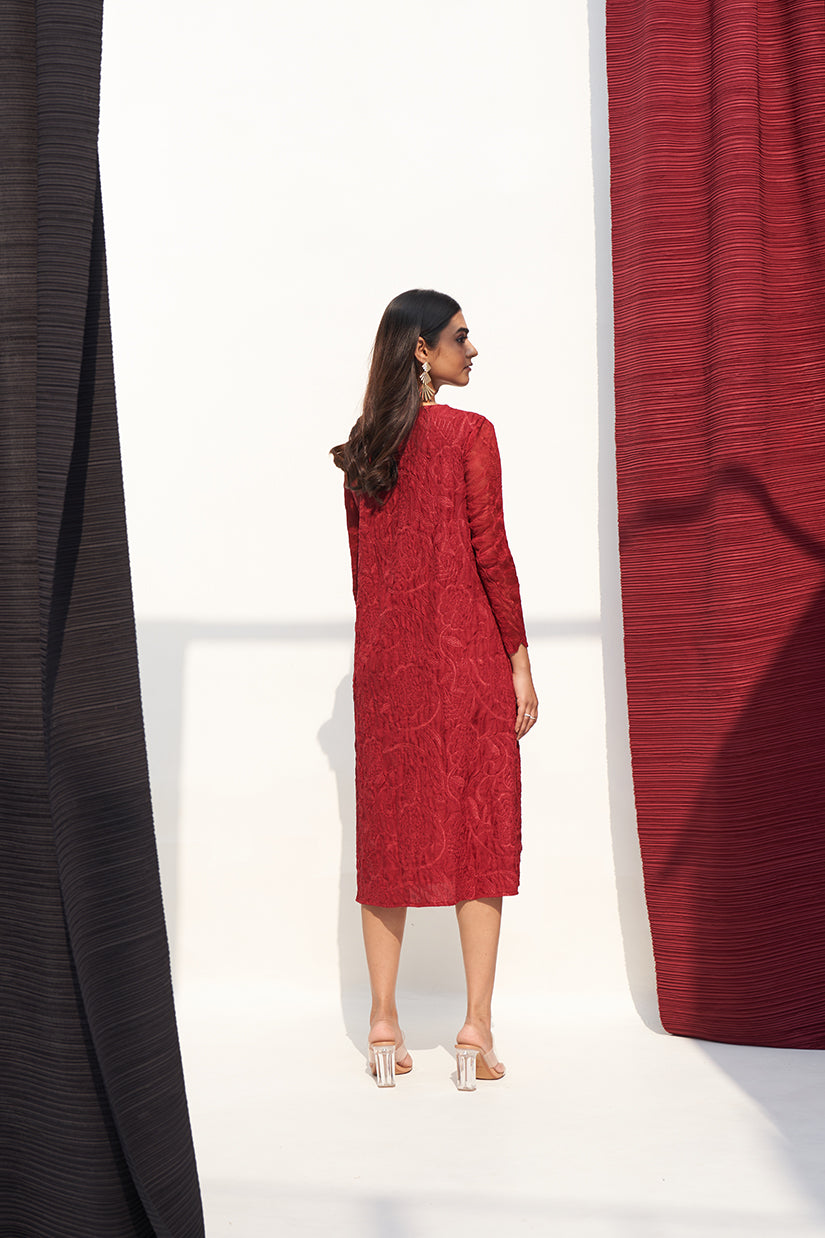 RED FLOWER CRUSHED LONG DRESS