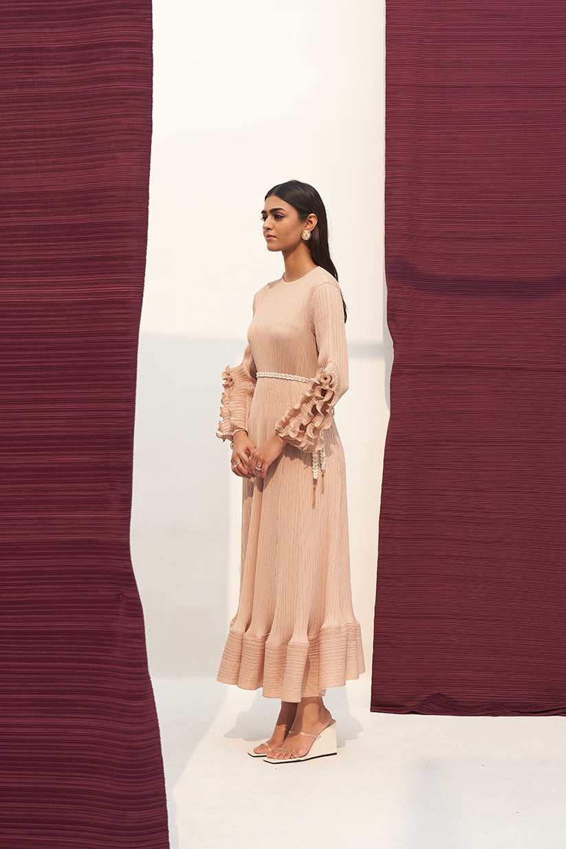 BEIGE FRILL SLEEVES DRESS