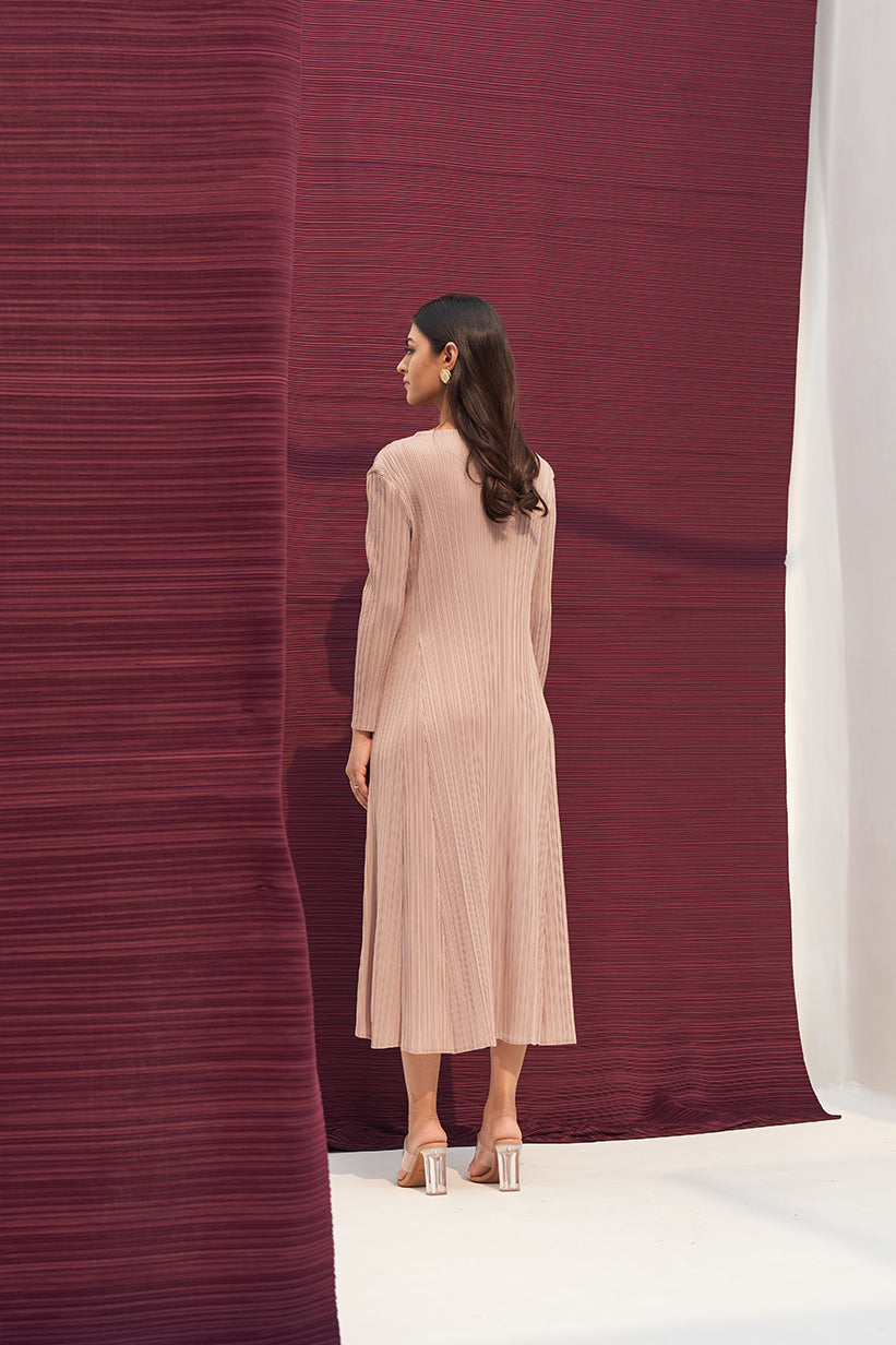 BEIGE FLOWER EMBELLISHED PLEATED MIDI DRESS