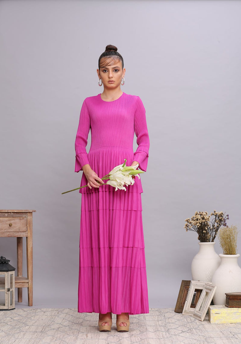 FUSCIA LAYERED PLEATS DRESS