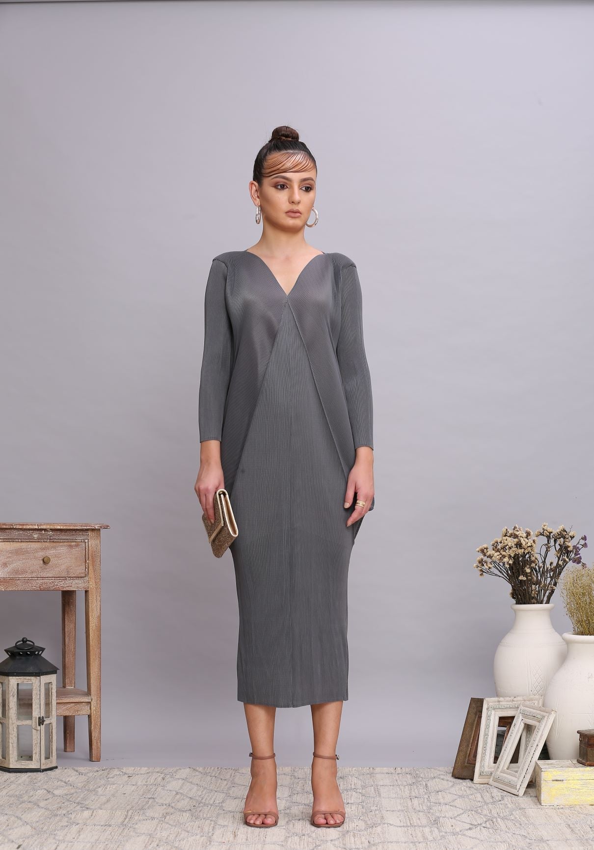 GREY COWL DRAPE DRESS