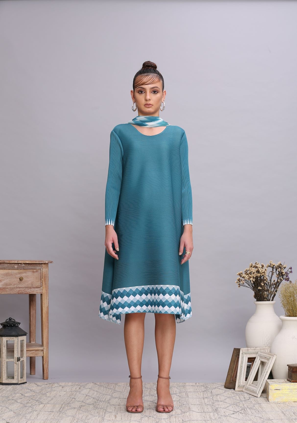 TEAL BLUE KURTI DIAMOND PRINT DRESS WITH SCARF