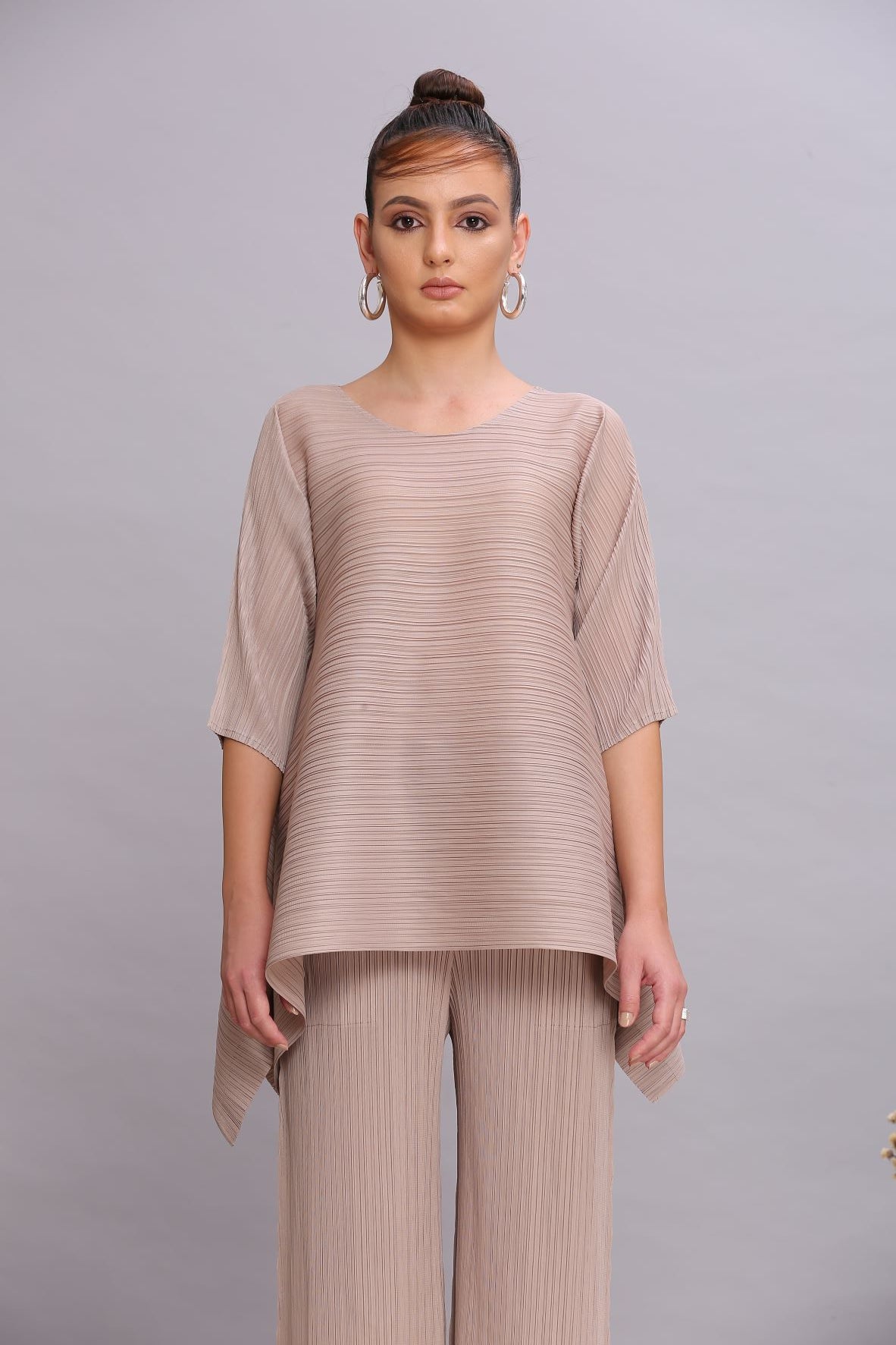 BEIGE PLEATED FLAIR TOP & PANT SET