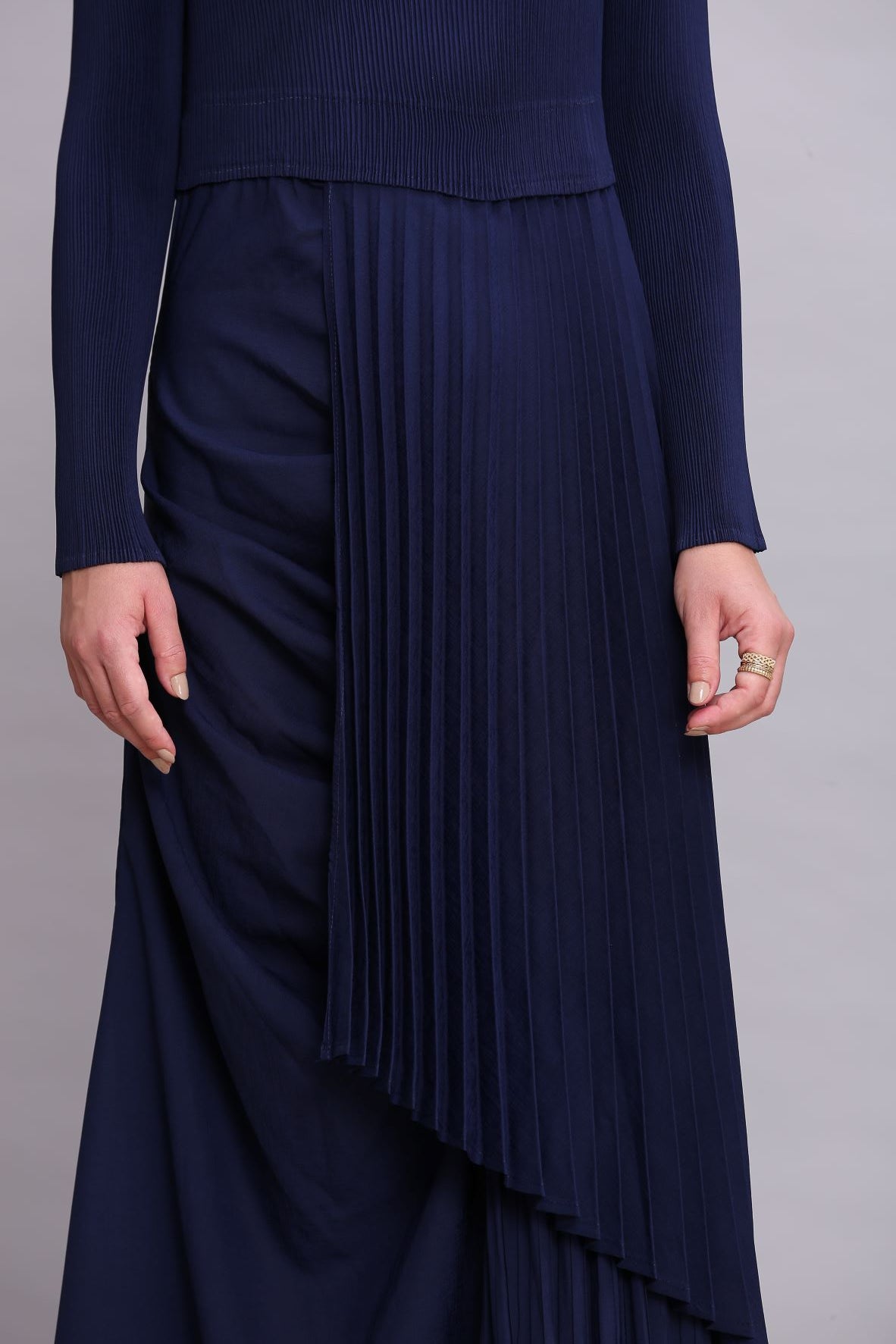 BLUE PLEATED DRAPE DRESS
