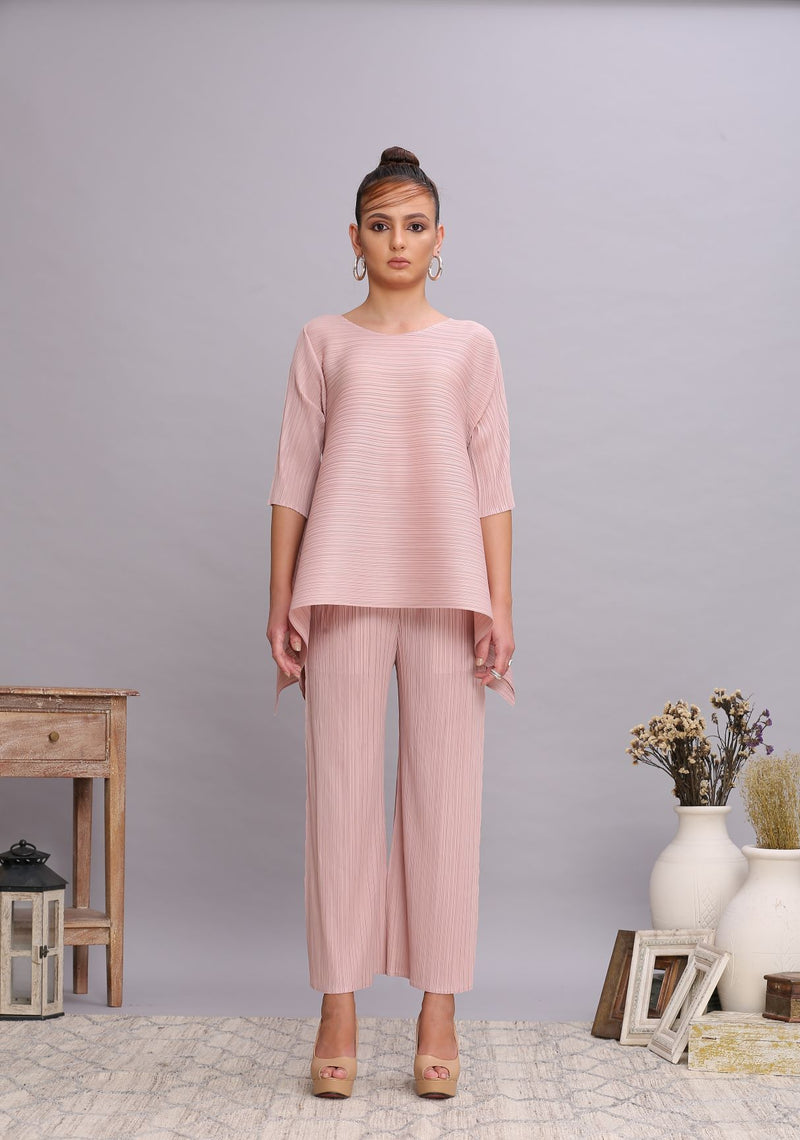PINK PLEATED FLAIR TOP & PANT SET