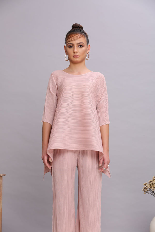 PINK PLEATED FLAIR TOP & PANT SET