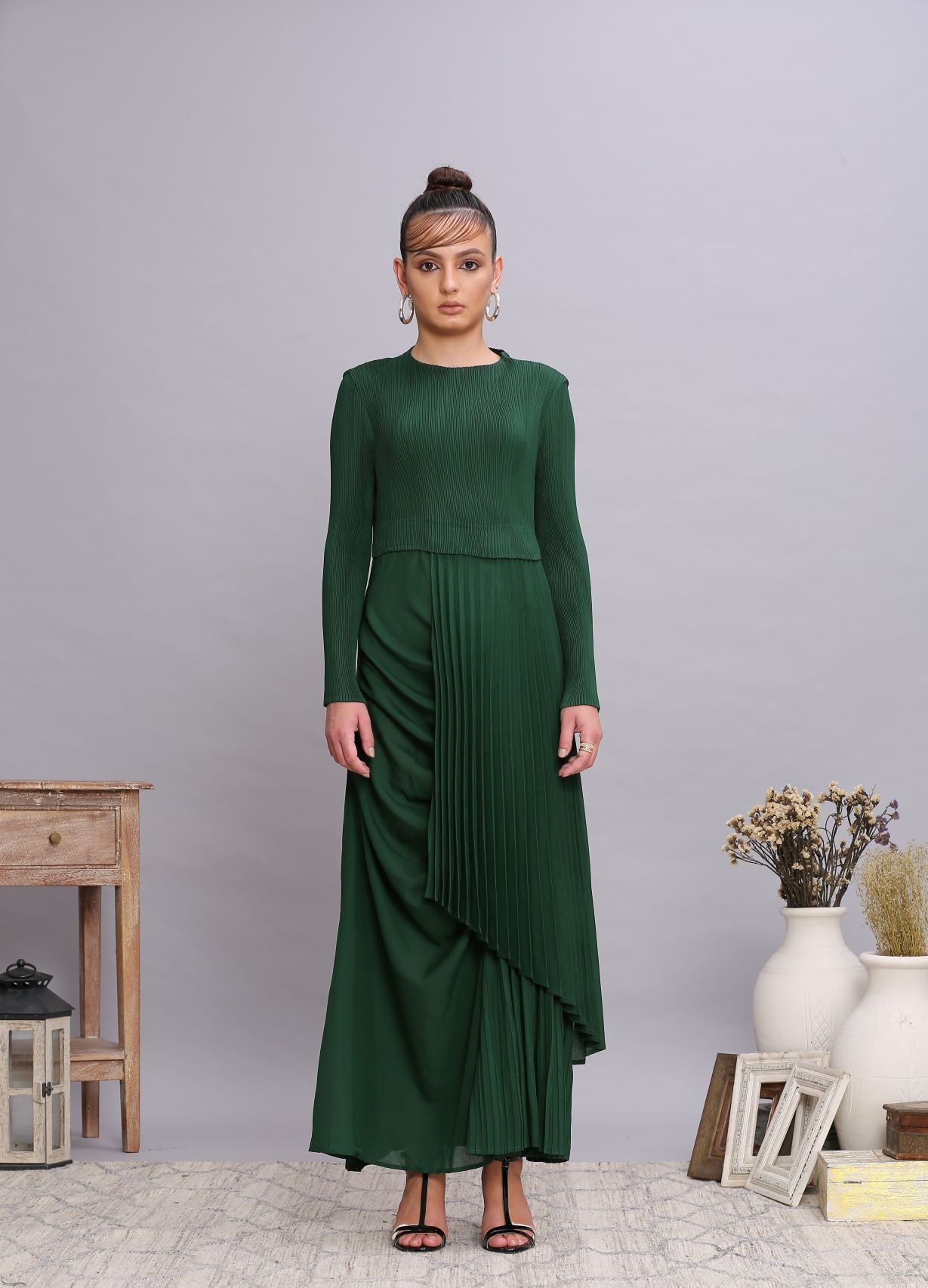 GREEN PLEATED DRAPE DRESS