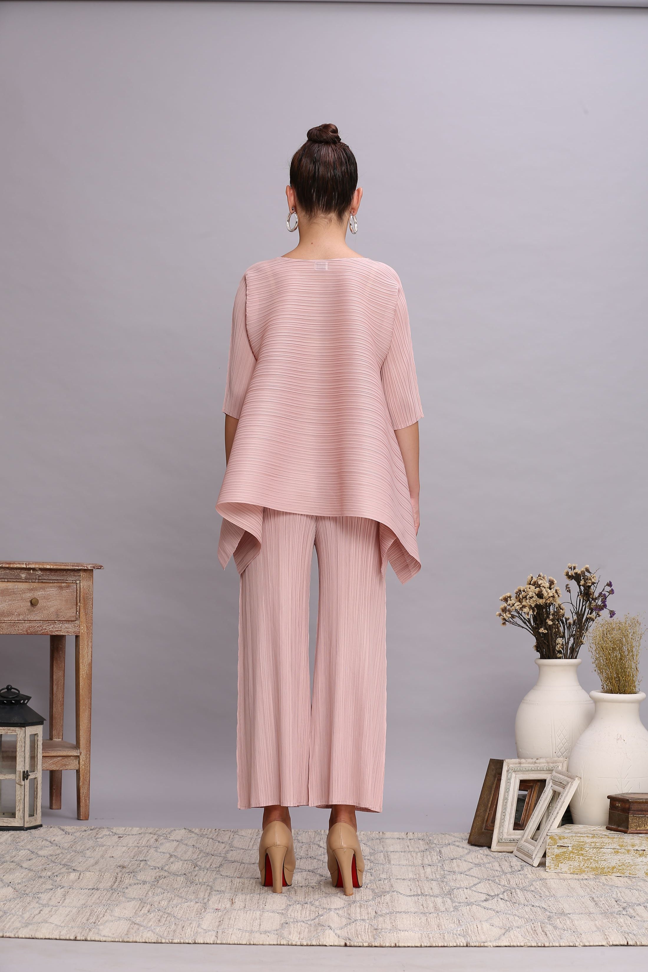 PINK PLEATED FLAIR TOP & PANT SET