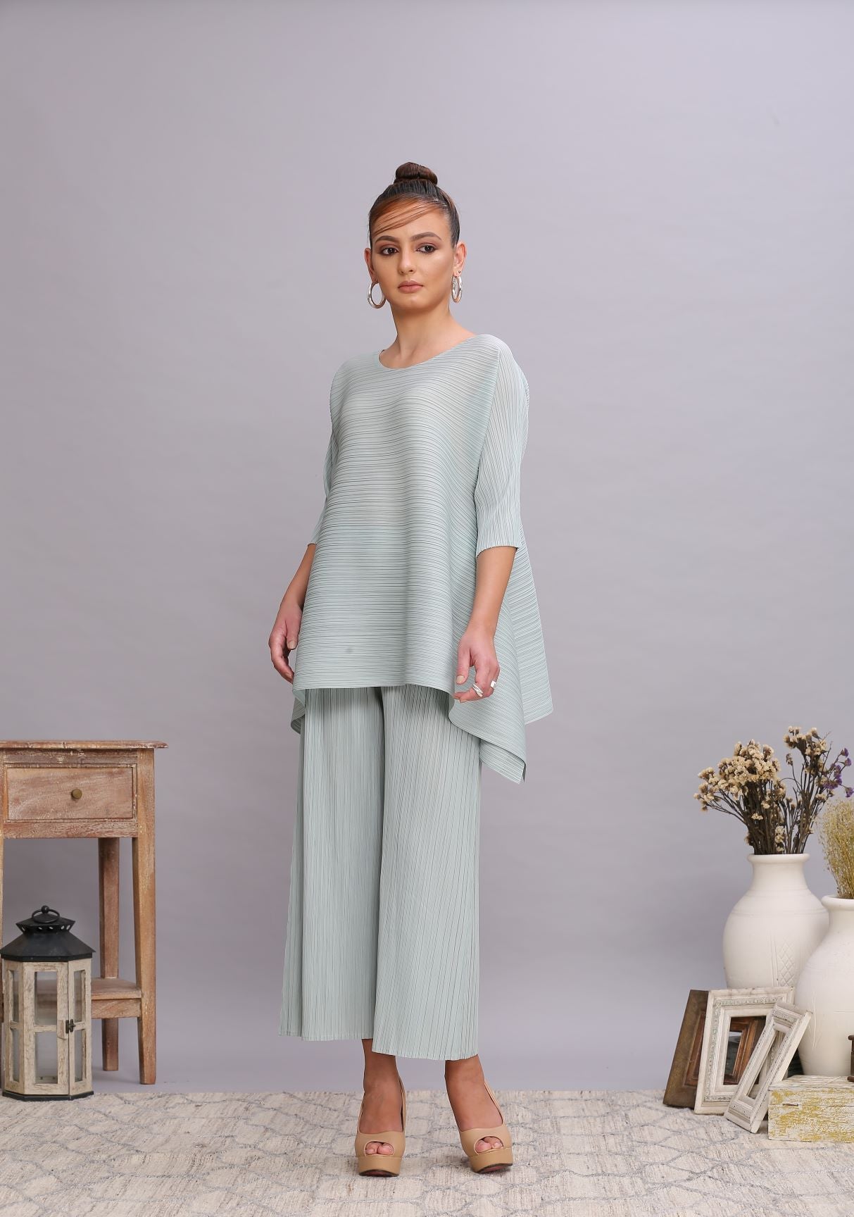 GREEN PLEATED FLAIR TOP & PANT SET