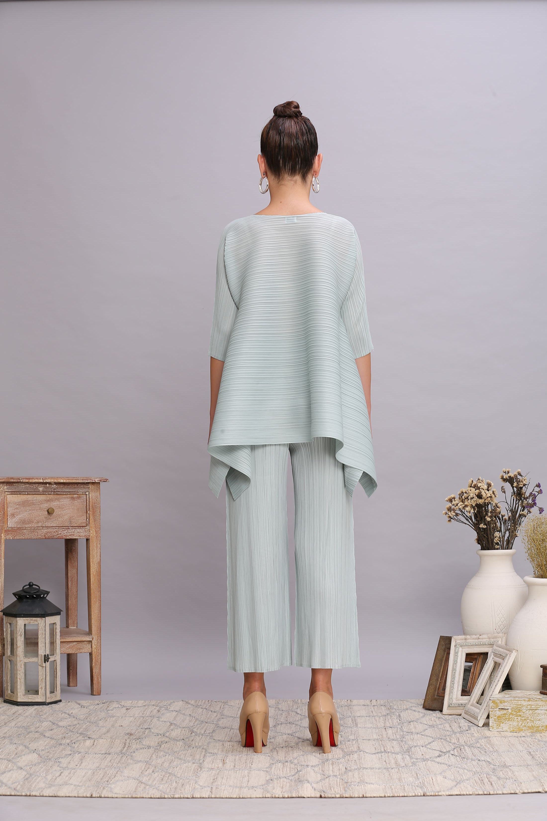 GREEN PLEATED FLAIR TOP & PANT SET