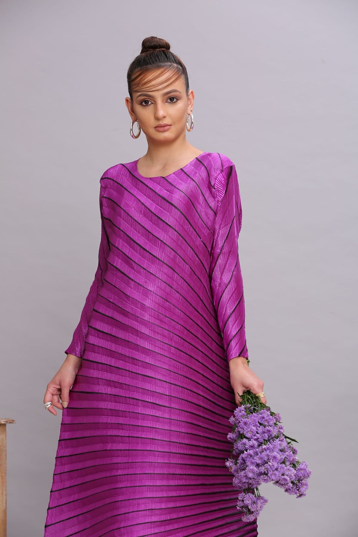 PURPLE METALLIC ANGLE PLEATED DRESS
