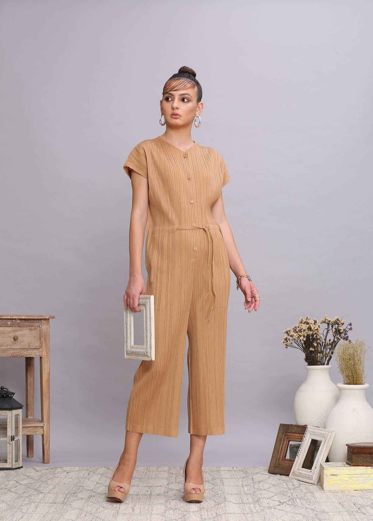 BROWN TIE UP JUMPSUIT