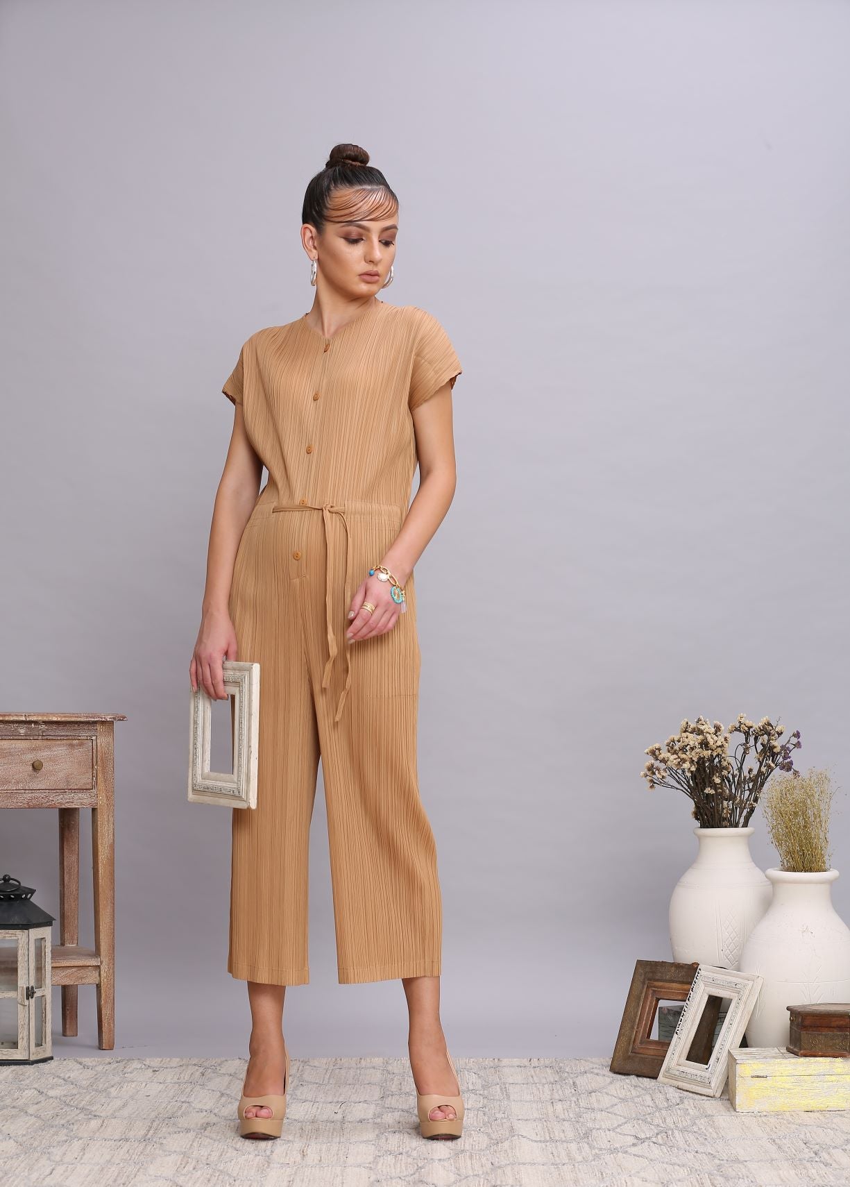 BROWN TIE UP JUMPSUIT