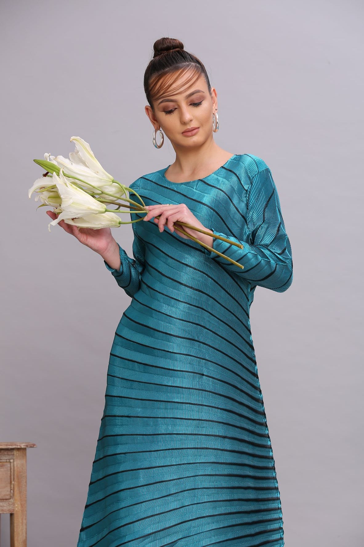 TEAL BLUE METALLIC ANGLE PLEATED DRESS