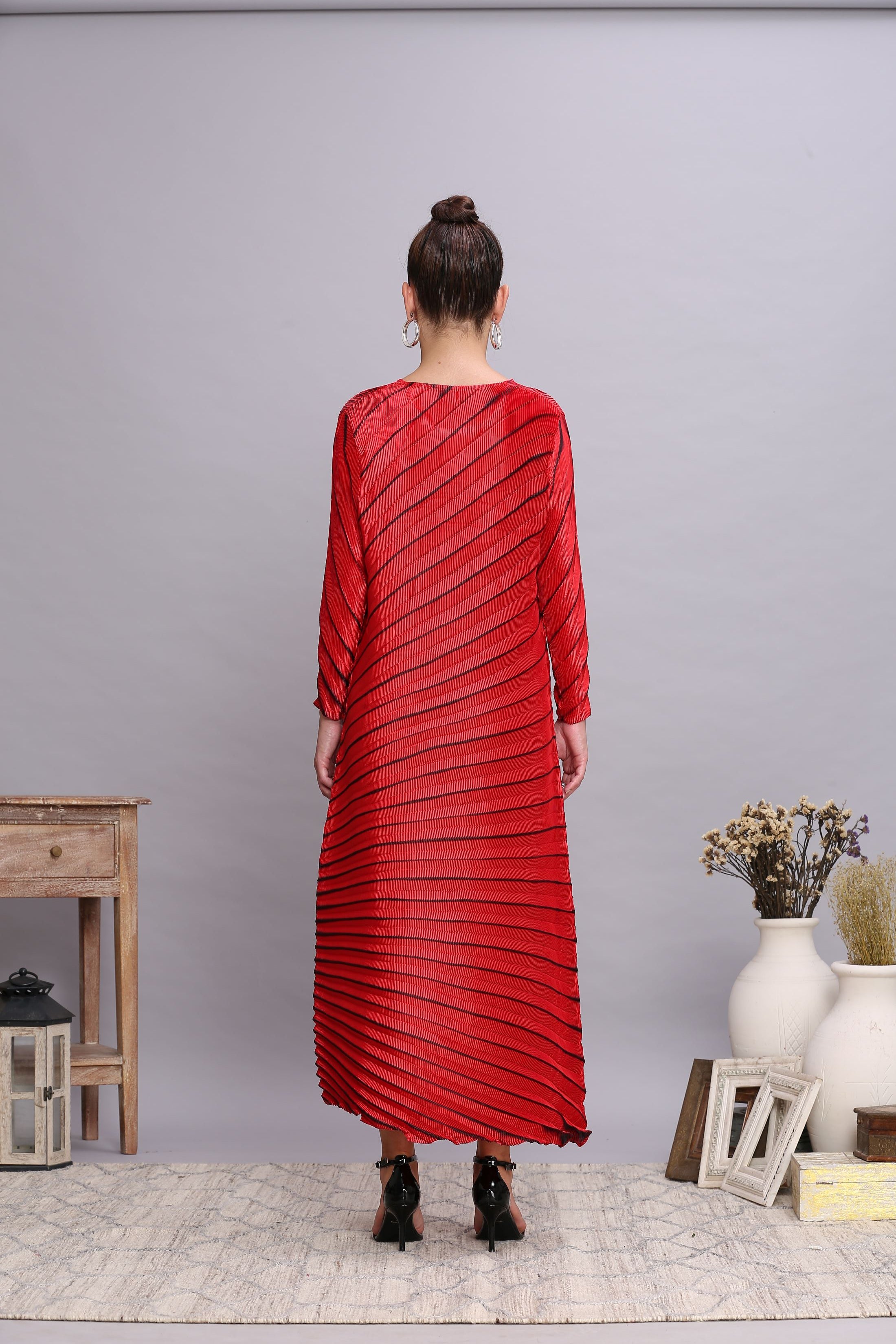 RED METALLIC ANGLE PLEATED DRESS