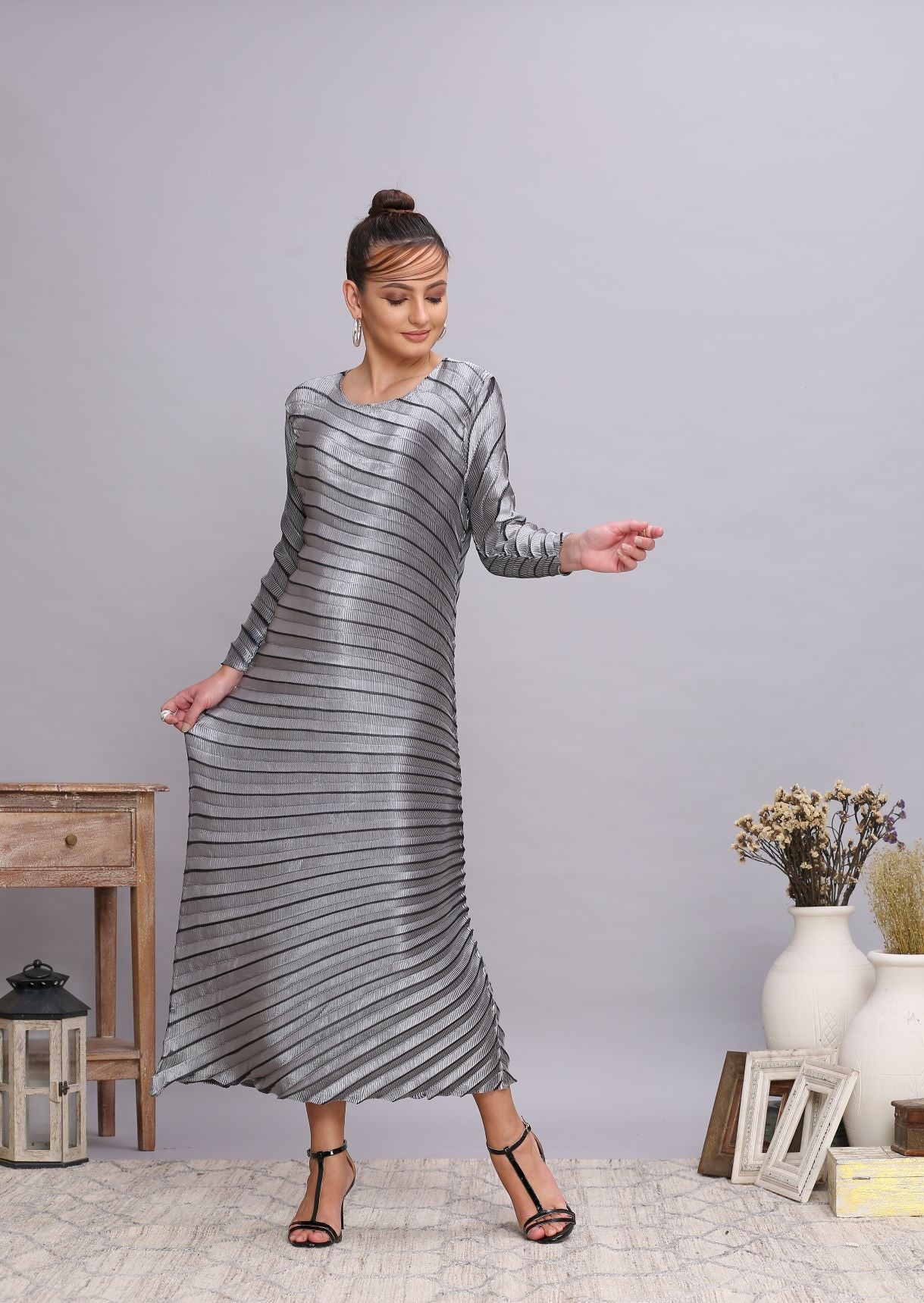 SILVER METALLIC ANGLE PLEATED DRESS