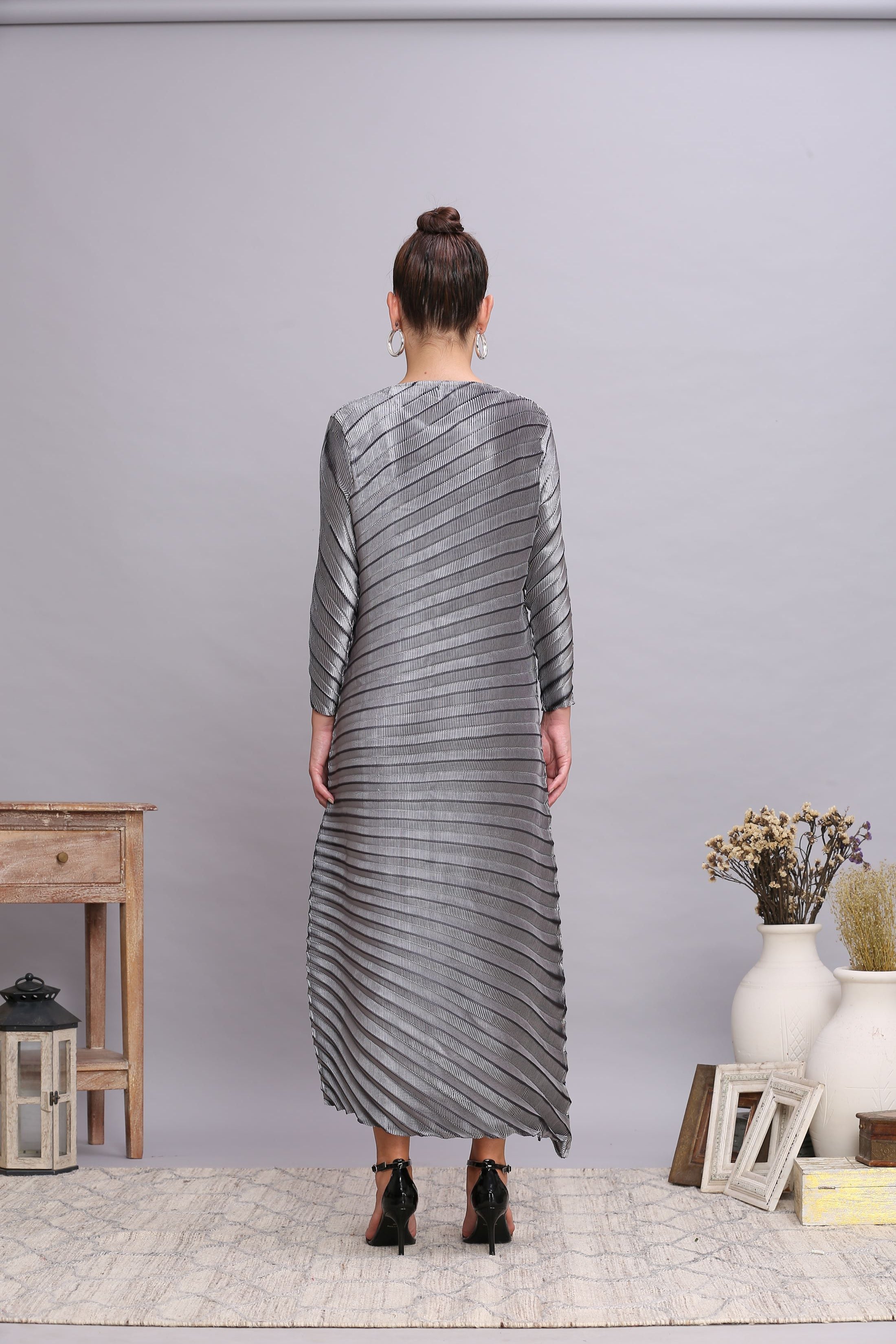 SILVER METALLIC ANGLE PLEATED DRESS