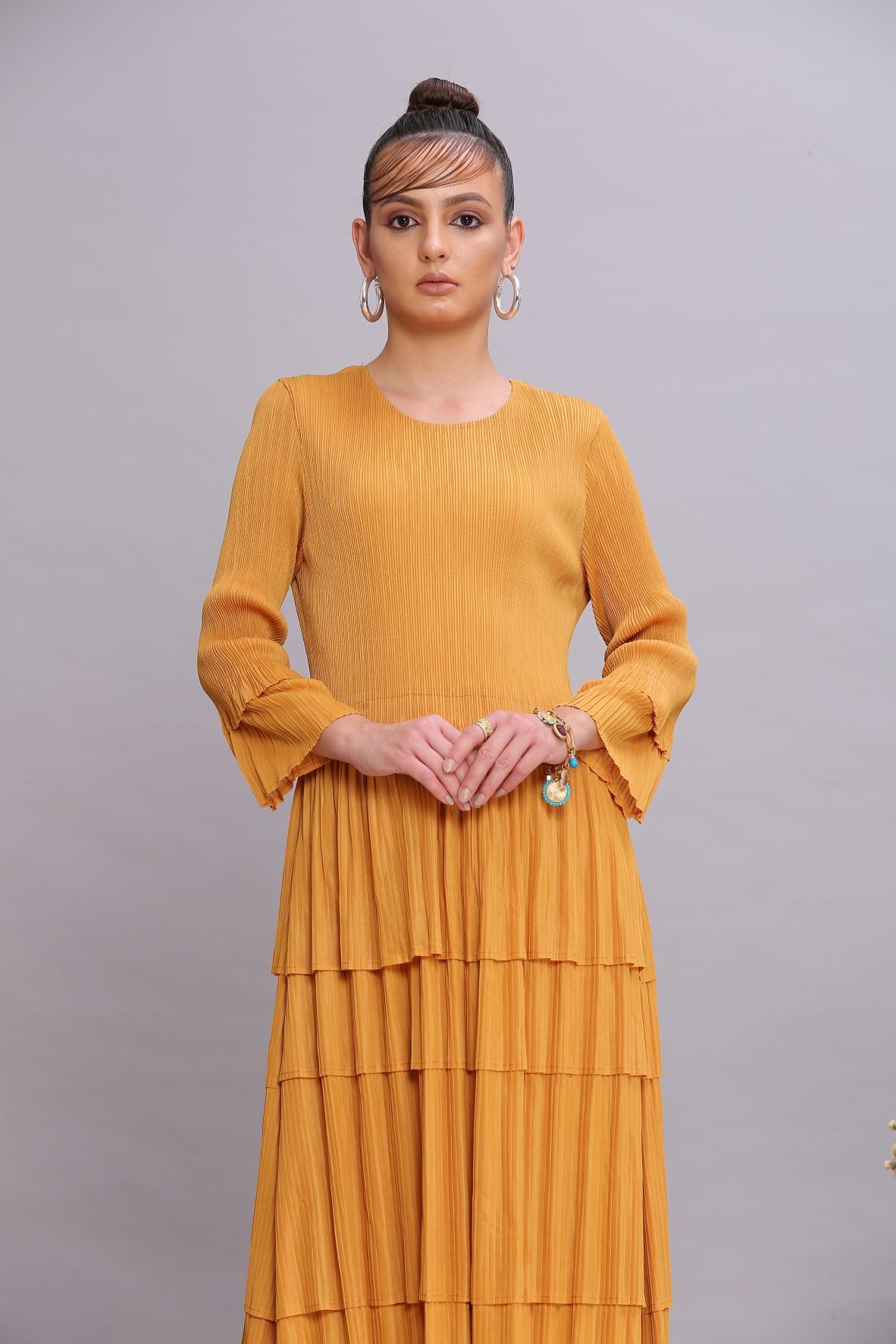 MUSTARD LAYERED PLEATS DRESS