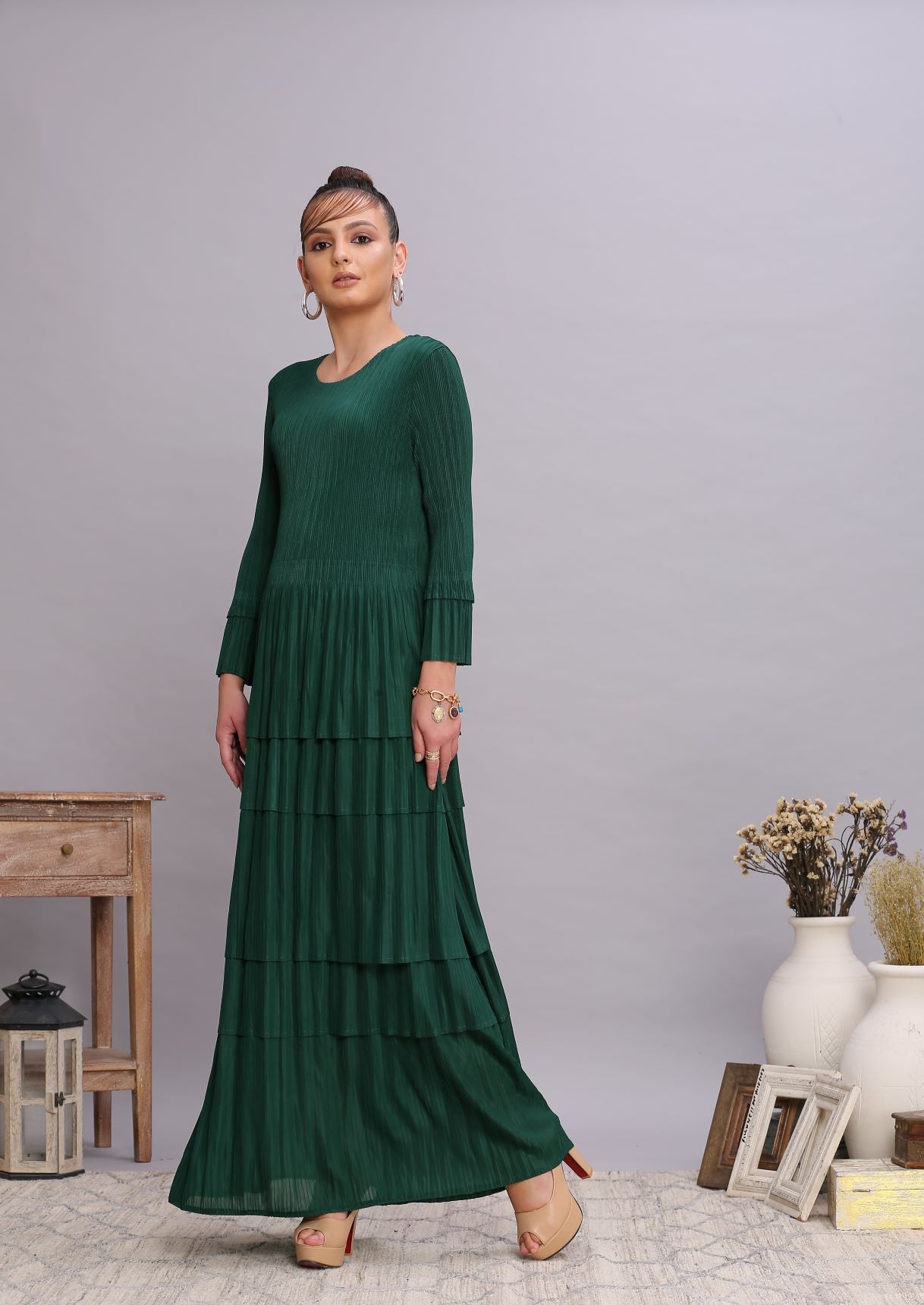 GREEN LAYERED PLETS DRESS