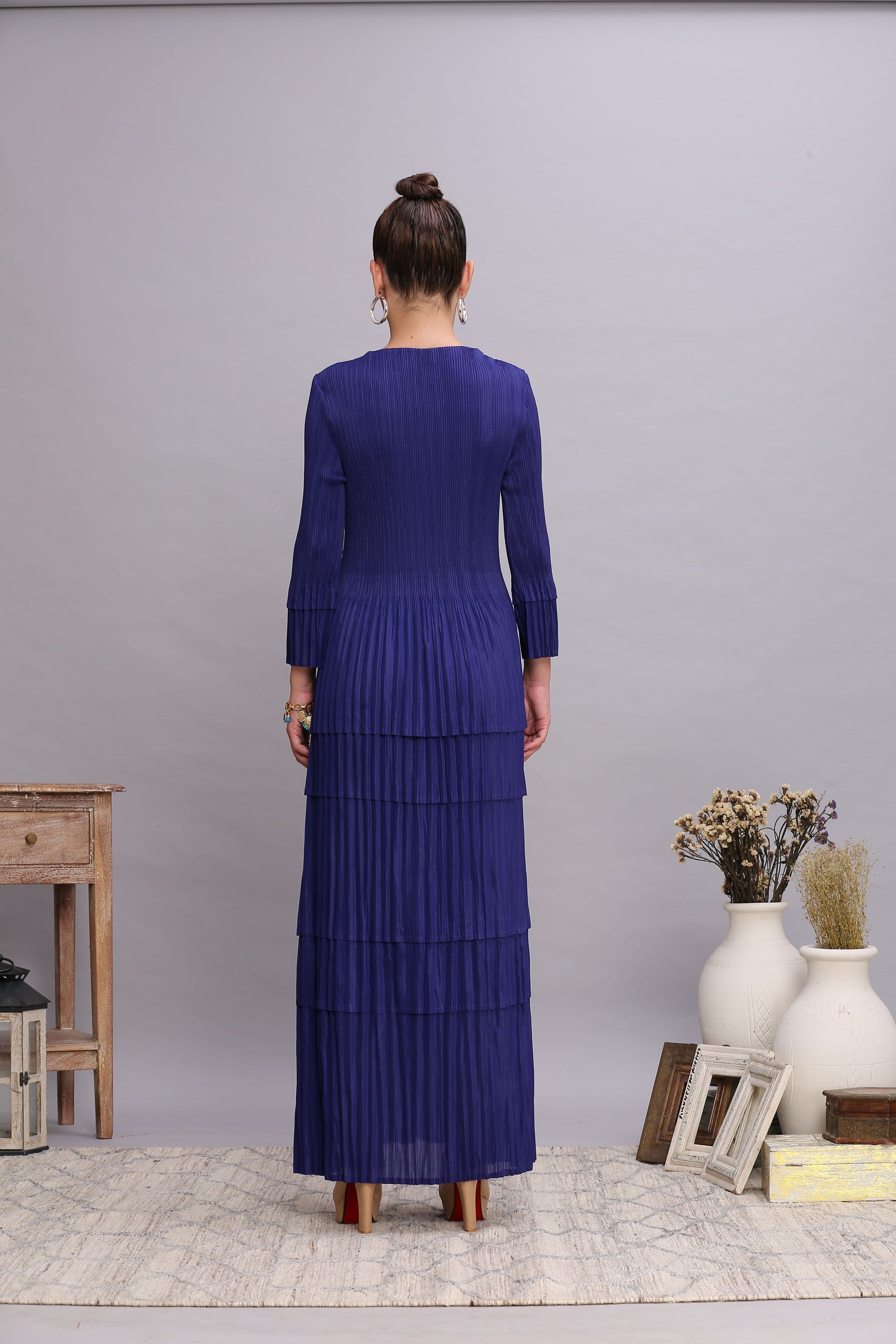 ELECTRIC BLUE LAYERED PLEATS DRESS