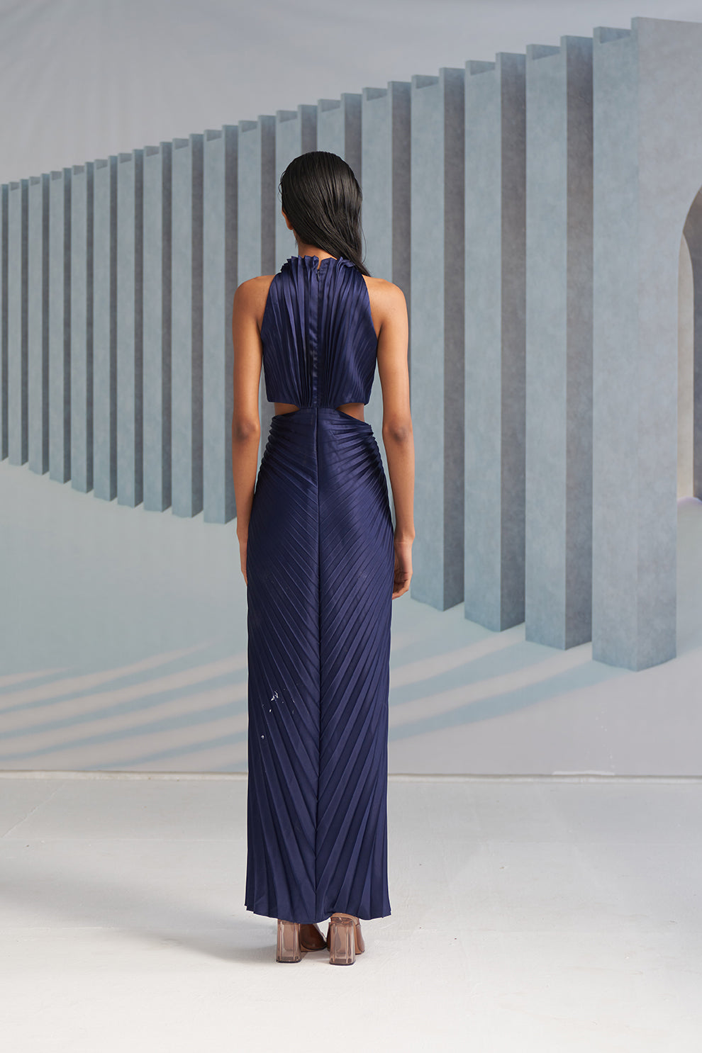 BLUE PLEATED HALTER GOWN