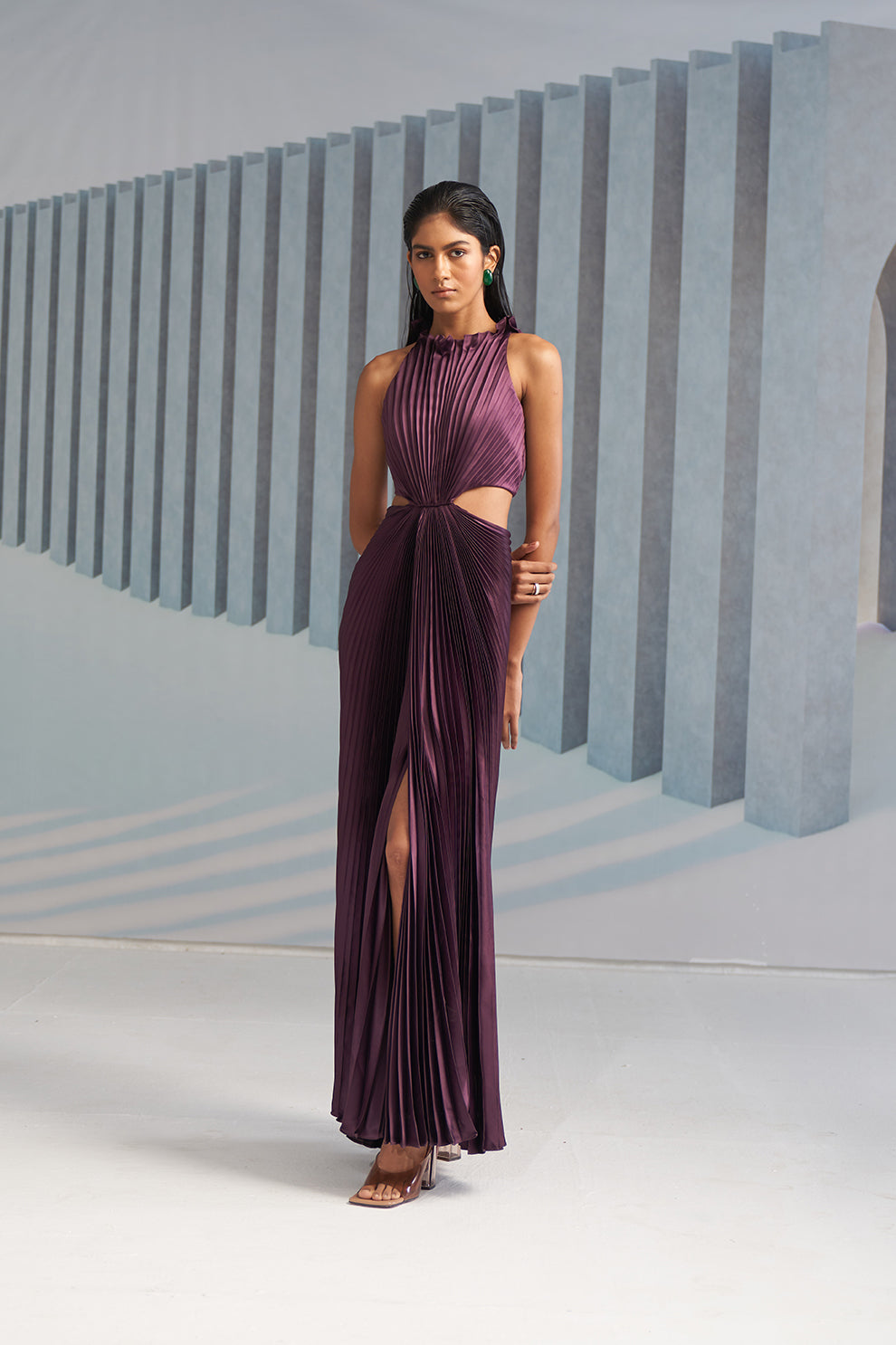 PURPLE PLEATED HALTER GOWN