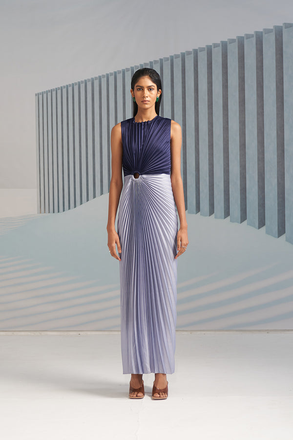 BLUE AND SILVER PLEATED GOWN