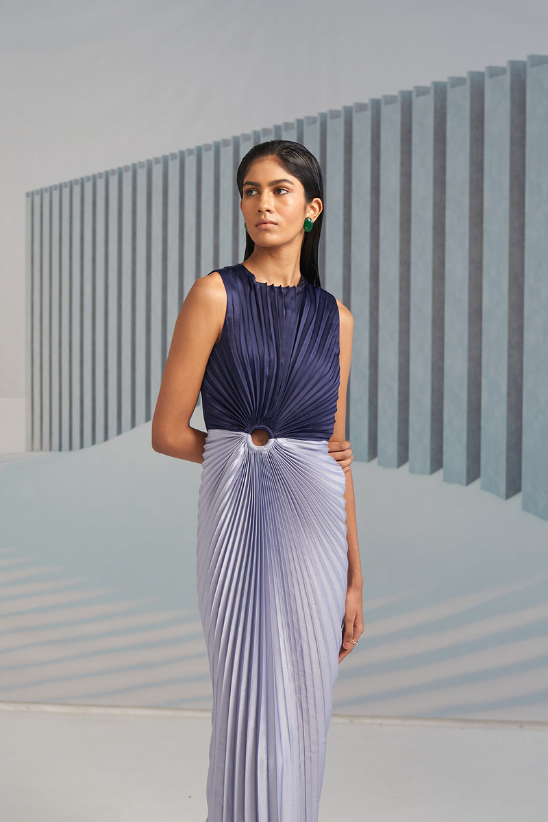BLUE AND SILVER PLEATED GOWN