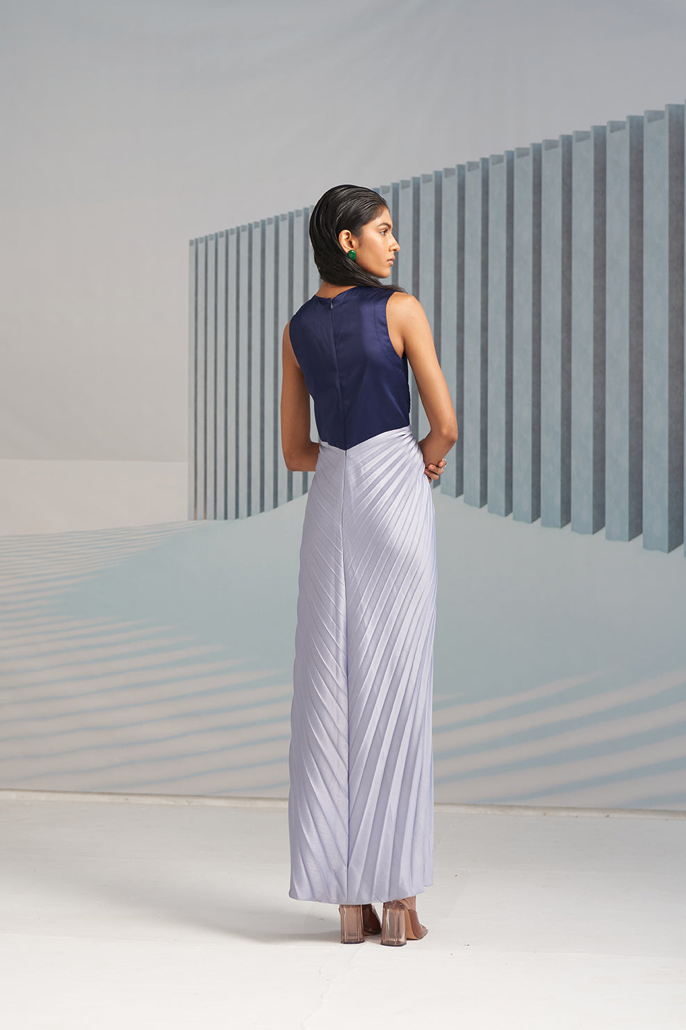 BLUE AND SILVER PLEATED GOWN