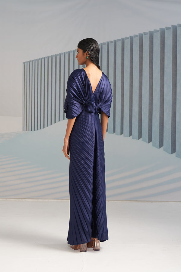 BLUE PLEATED WINGED GOWN