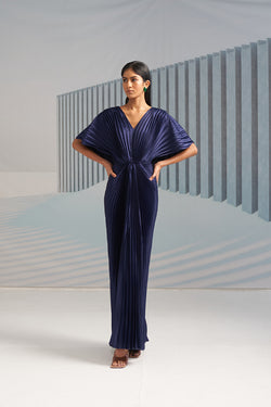 BLUE PLEATED WINGED GOWN