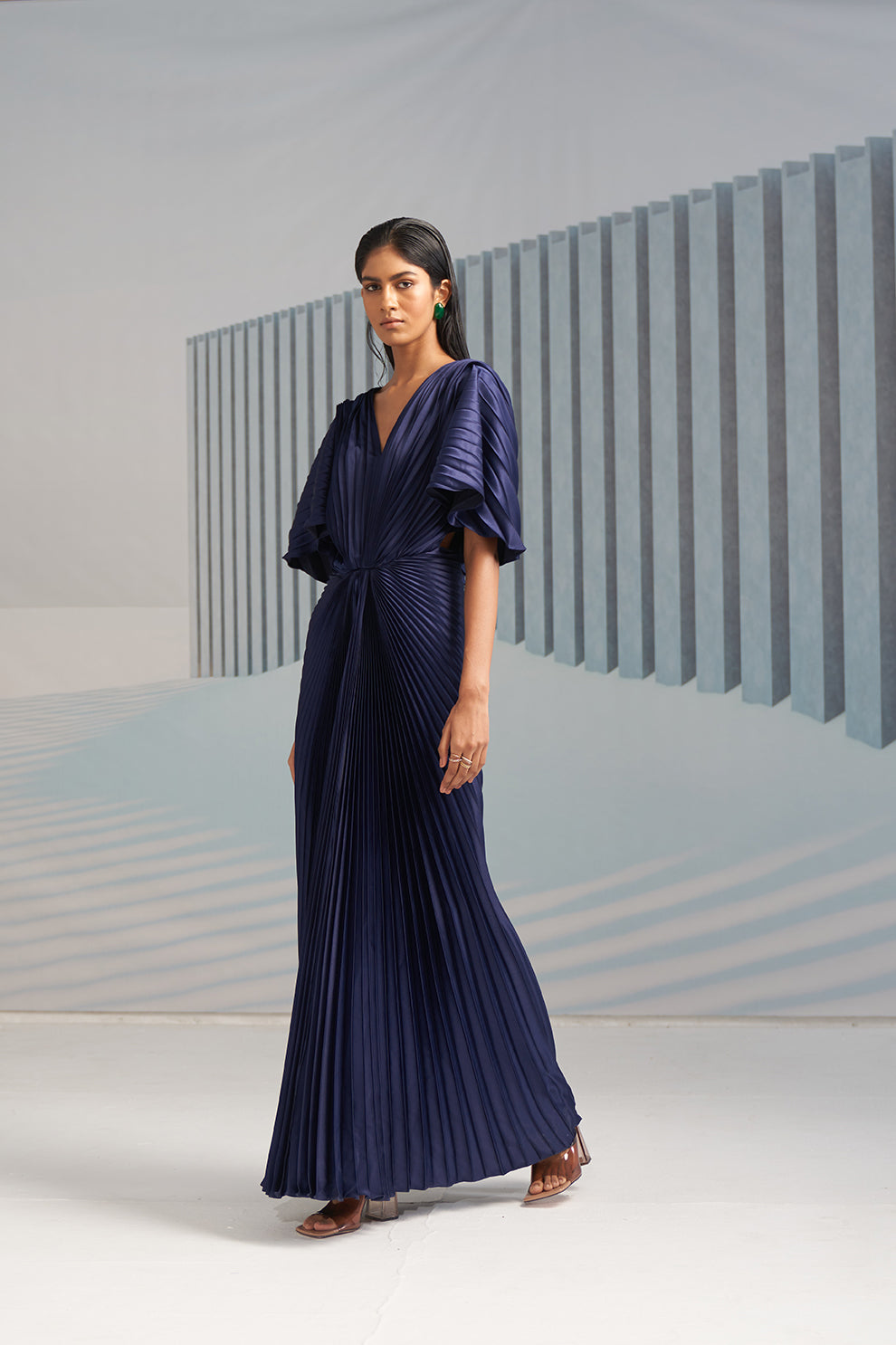 BLUE PLEATED WINGED GOWN