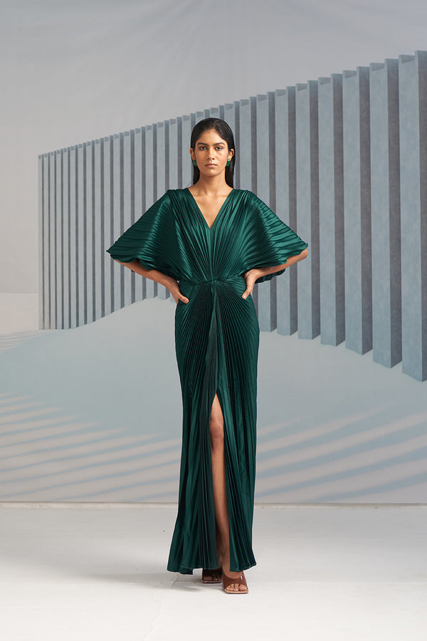 GREEN PLEATED WINGED GOWN