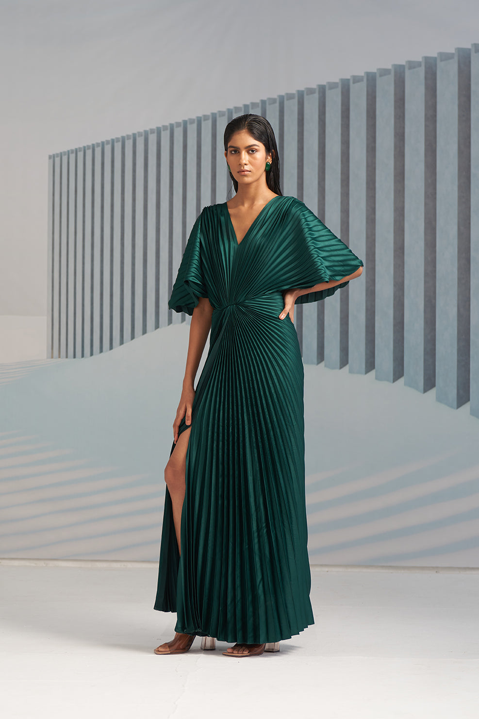 GREEN PLEATED WINGED GOWN
