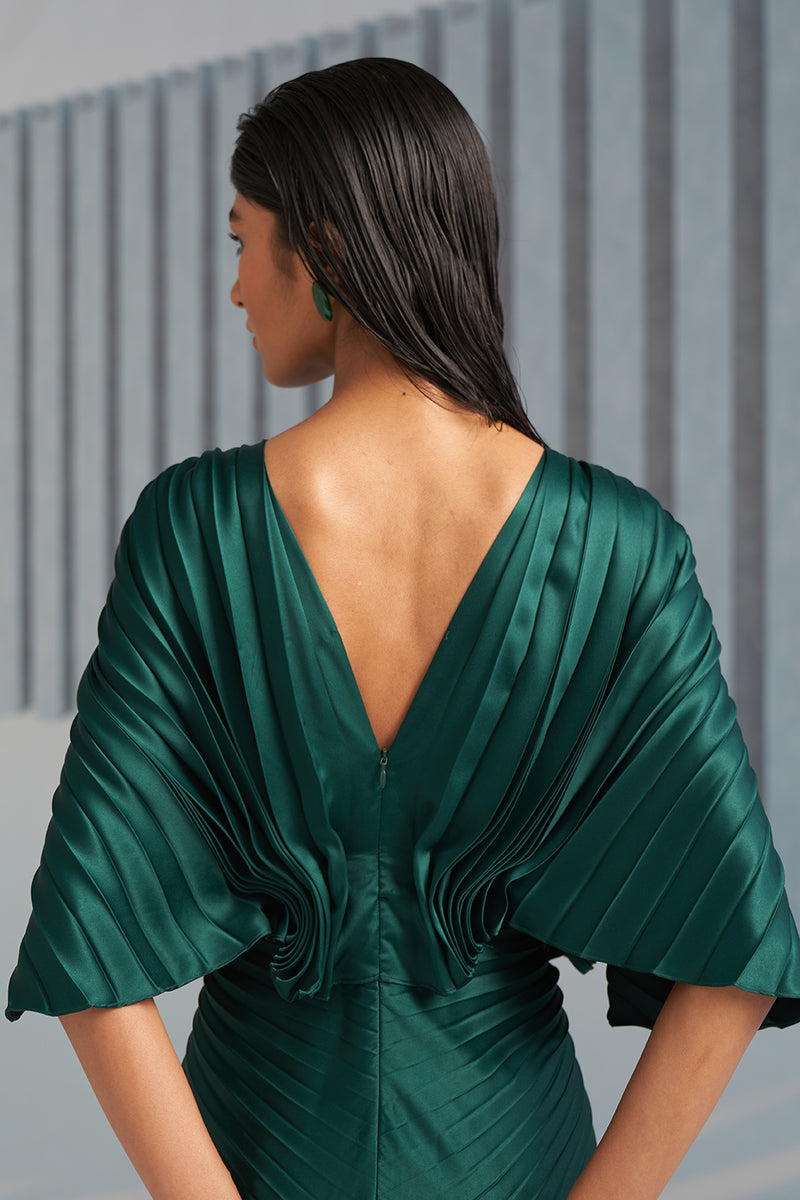 GREEN PLEATED WINGED GOWN