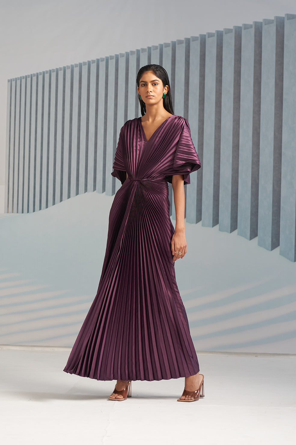 PURPLE PLEATED WINGED GOWN