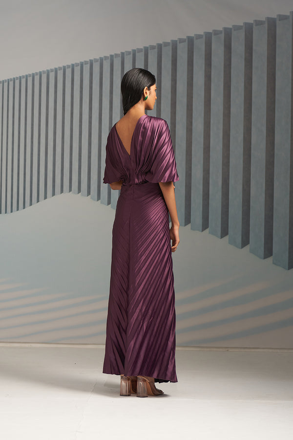 PURPLE PLEATED WINGED GOWN