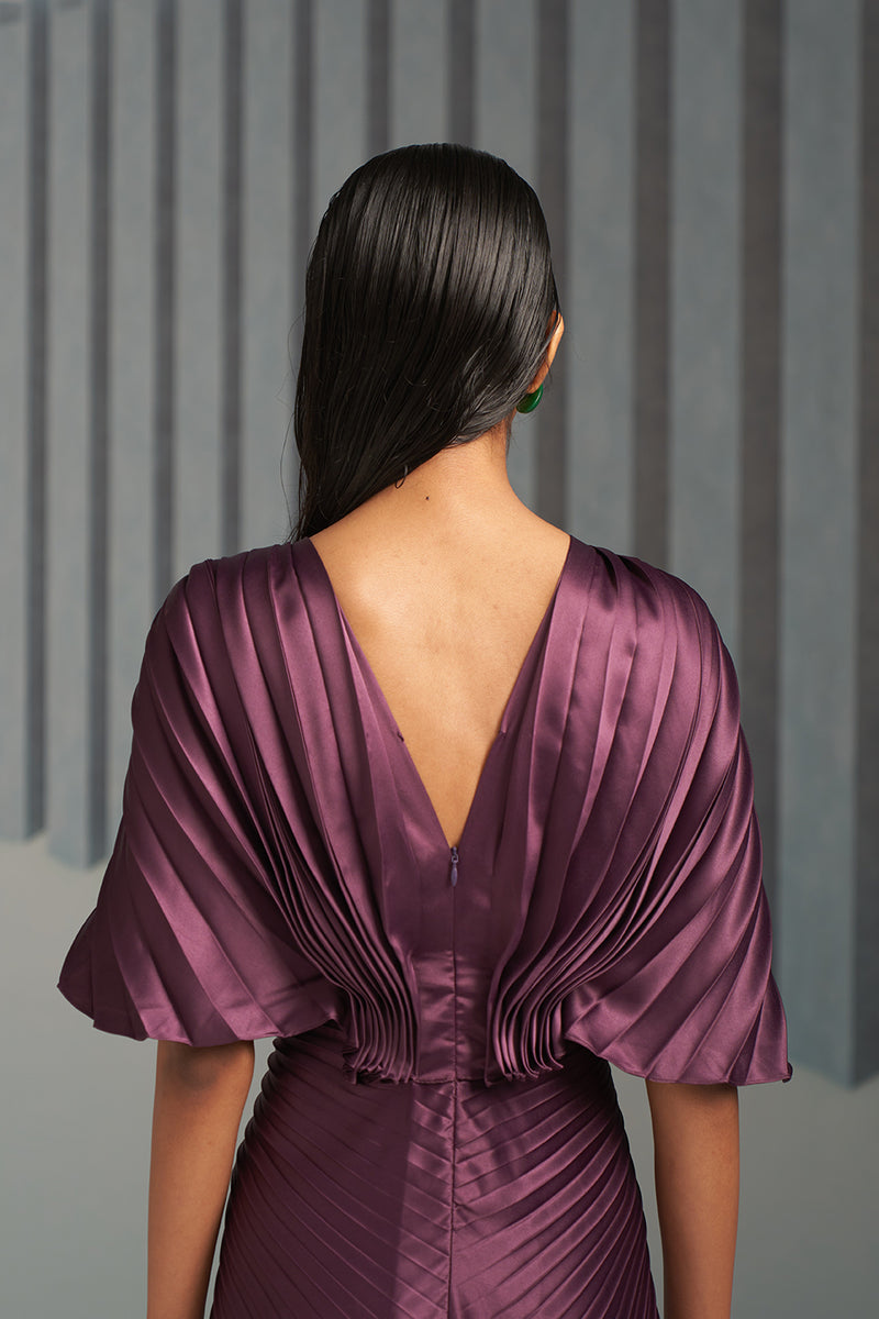 PURPLE PLEATED WINGED GOWN