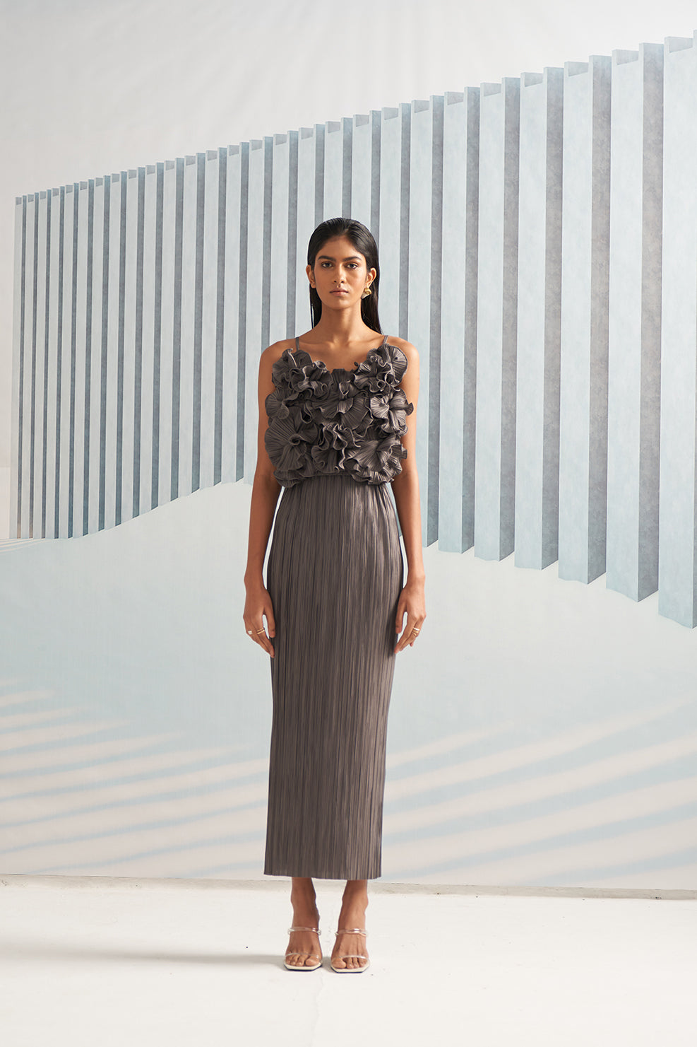 SMOKEY GREY FLOWER RUFFLES GOWN