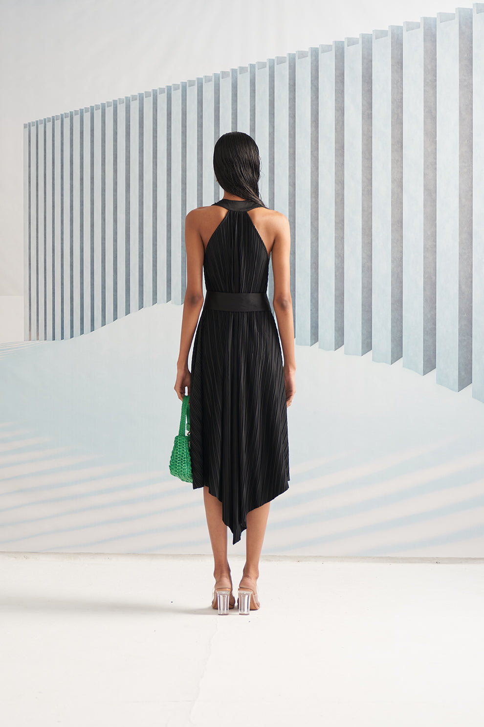 GREEN BLACK COLORBLOCK HALTER PARTY DRESS