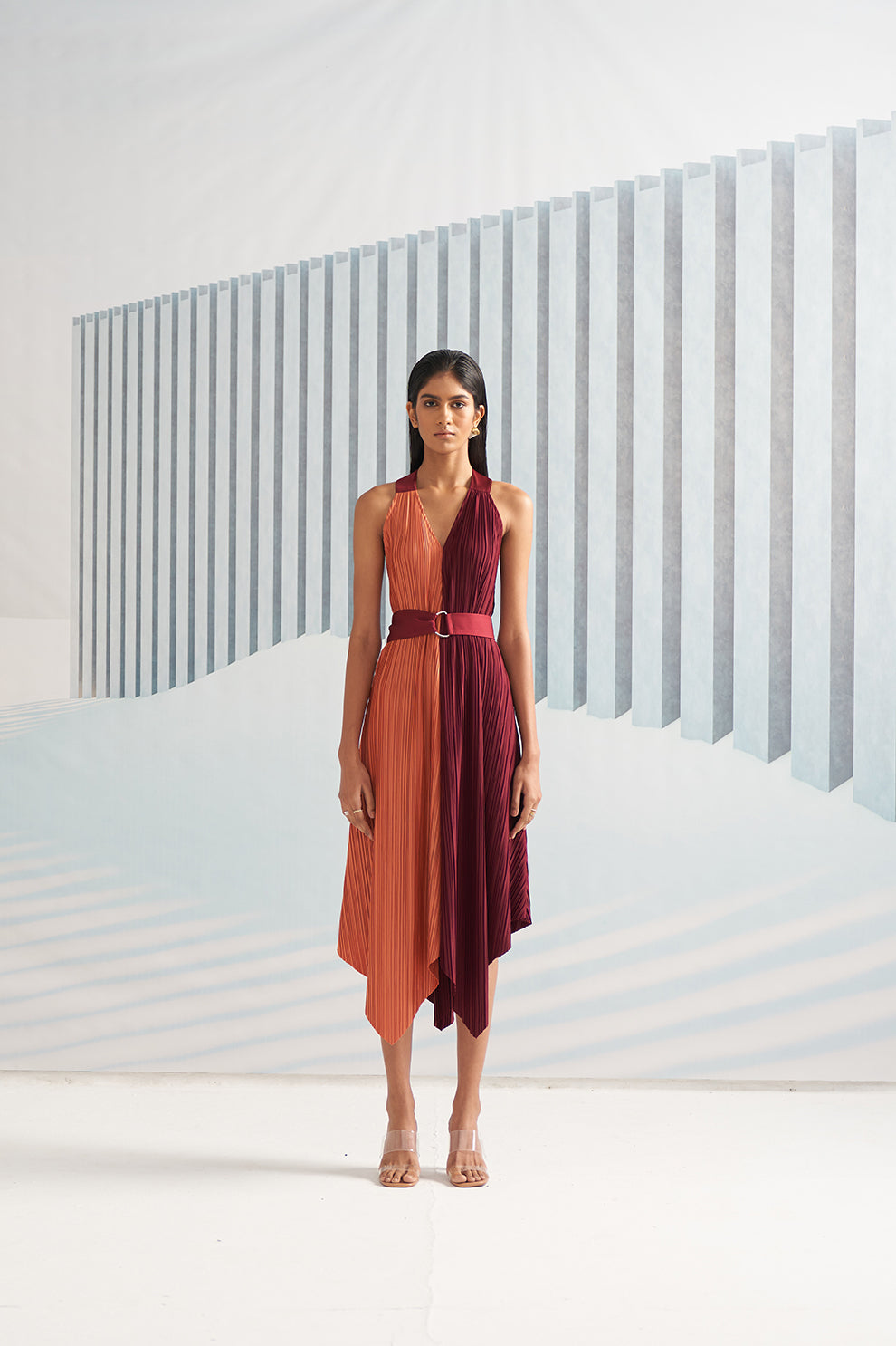 MAROON ORANGE COLORBLOCK HALTER PARTY DRESS