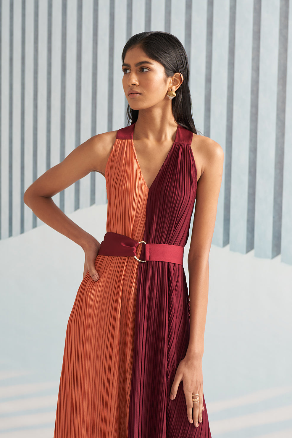 MAROON ORANGE COLORBLOCK HALTER PARTY DRESS