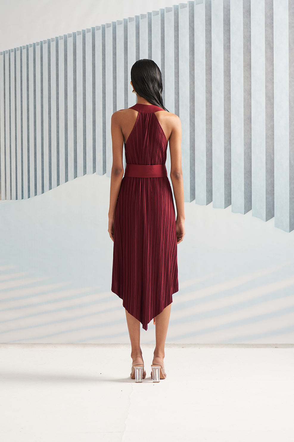 MAROON ORANGE COLORBLOCK HALTER PARTY DRESS