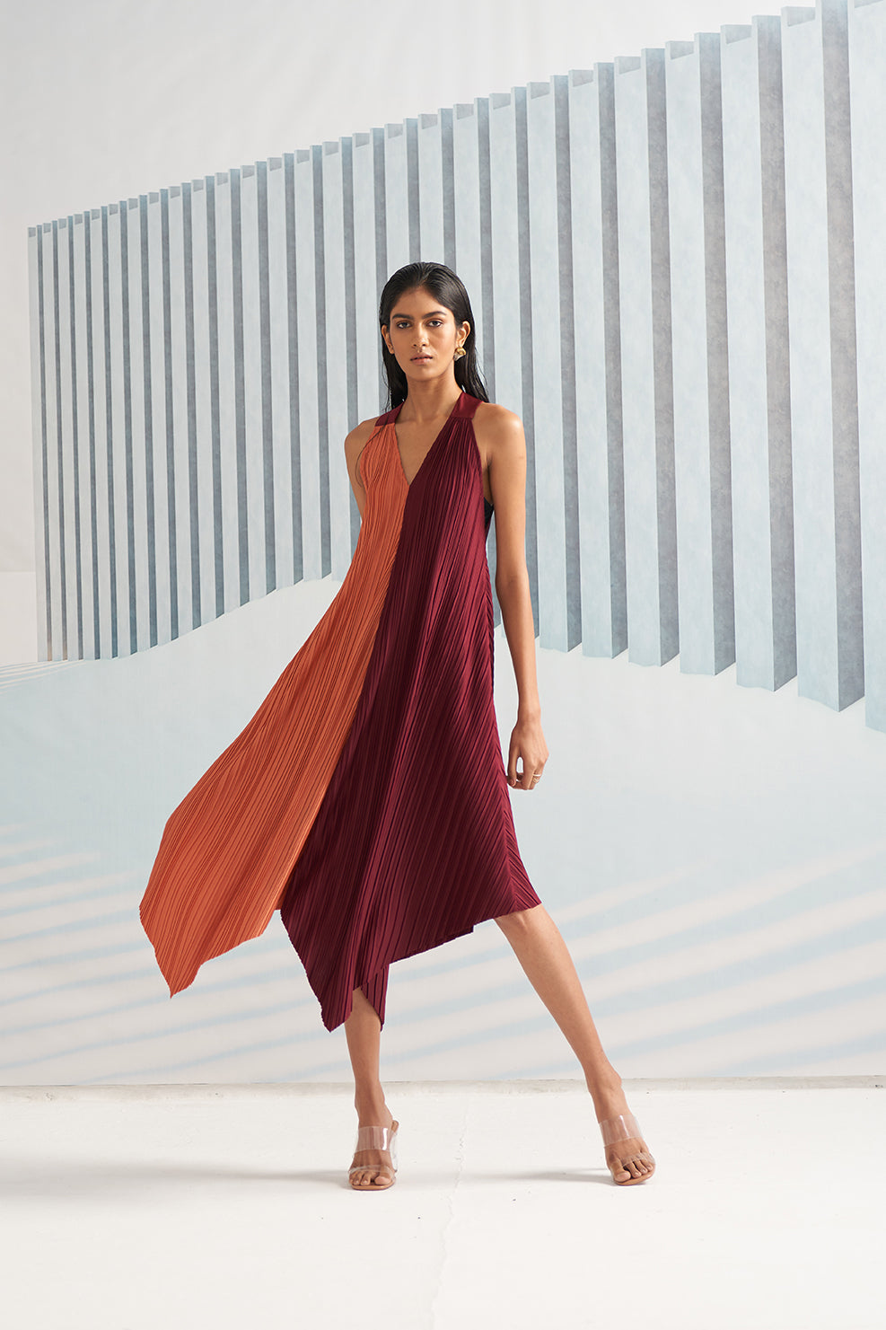 MAROON ORANGE COLORBLOCK HALTER PARTY DRESS