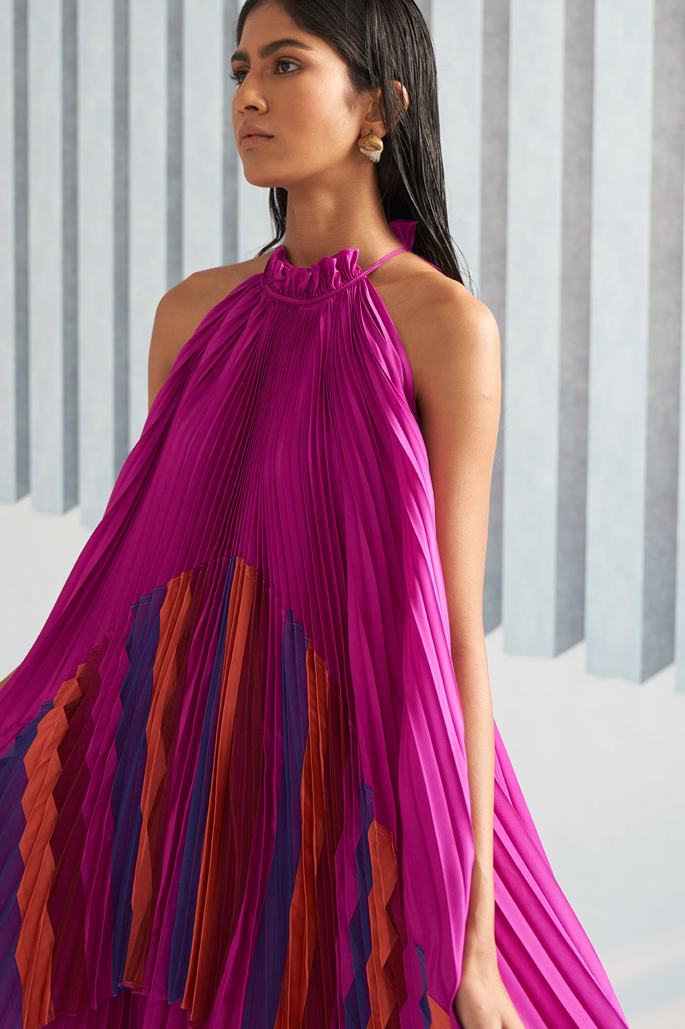 FUSCIA PLEATS PATCH DETAIL GOWN